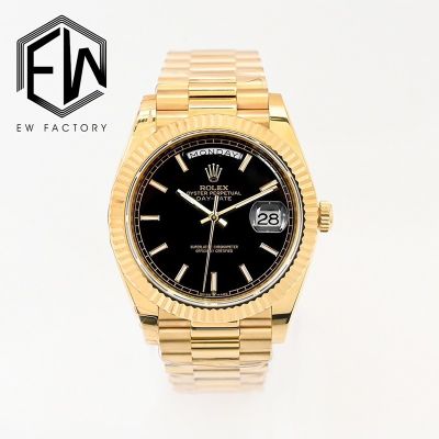 EW Factory Rolex Daydate 40mm 3255 Movement Black Face Yellow Gold President Band Watch